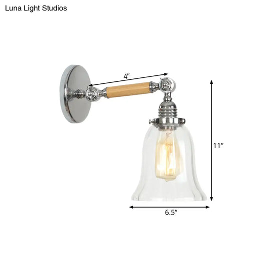 Vintage Chrome Wall Sconce with Textured Glass Shade and Wooden Arm - Perfect Living Room Lighting