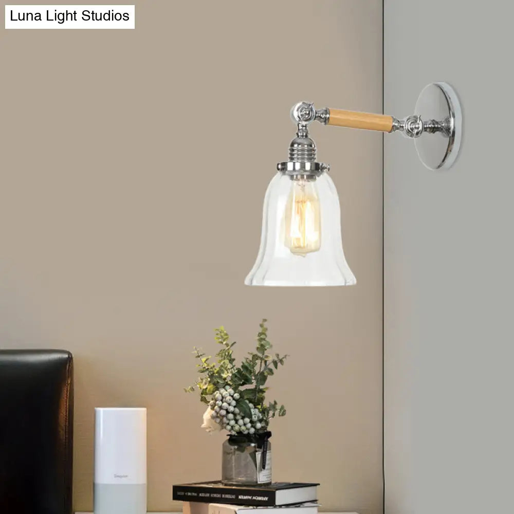 Vintage Chrome Wall Sconce with Textured Glass Shade and Wooden Arm - Perfect Living Room Lighting