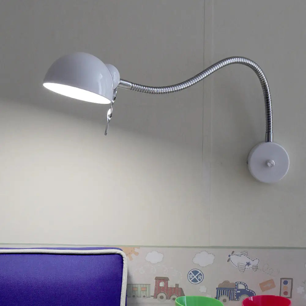 Vintage Chrome/White Metallic Wall Lamp with Flexible Arm and Dome Shade – Perfect Bedside Sconce