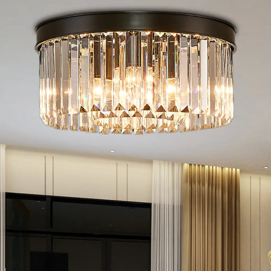 Vintage Circular Flush Mount Ceiling Lamp with Clear Crystal Prism in Black - 4/6/8 Lights