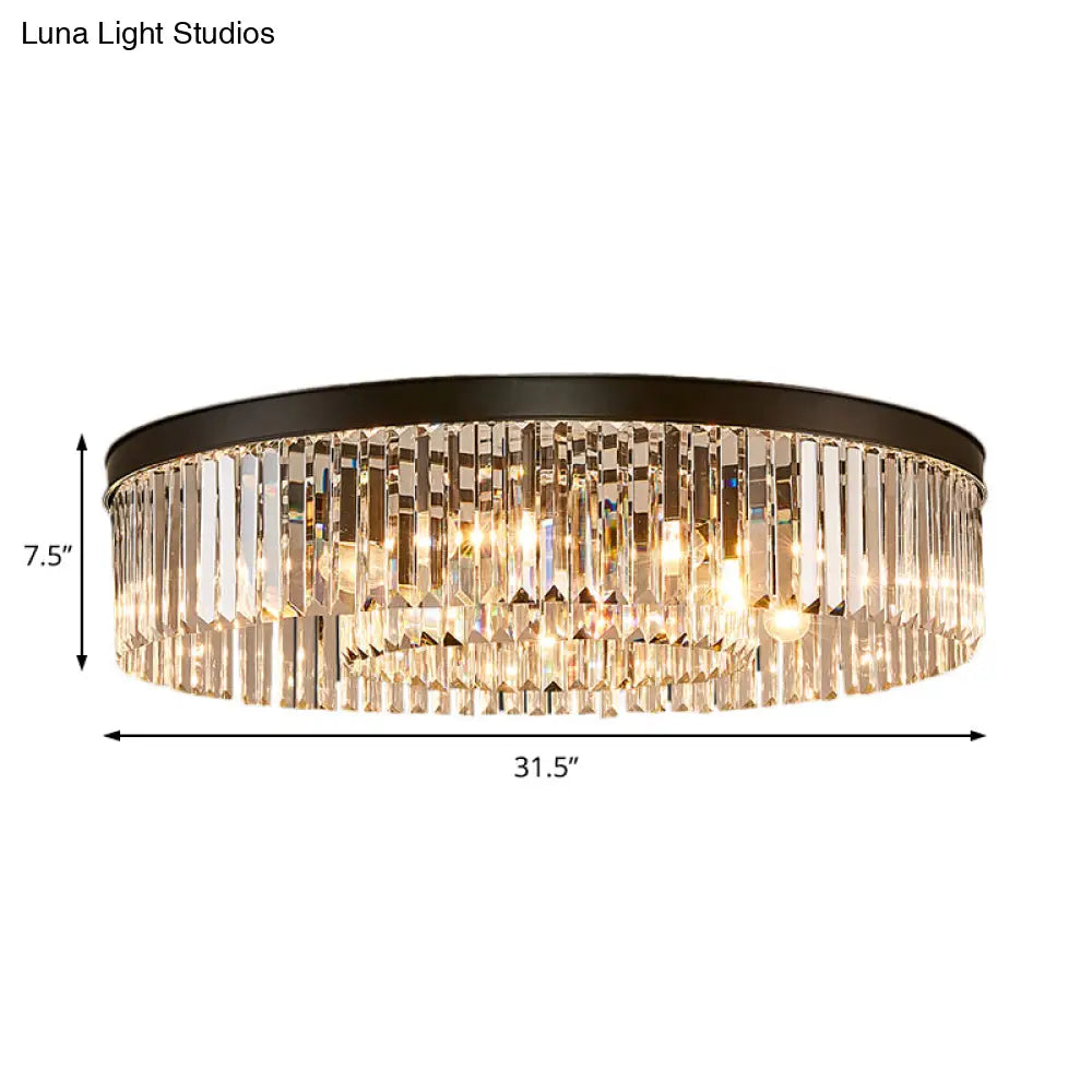Vintage Circular Flush Mount Ceiling Lamp with Clear Crystal Prism in Black - 4/6/8 Lights