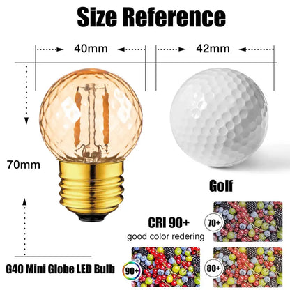 Golden-finished decorbites g40 globe led bulb with textured amber glass and visible filament design for bedroom light