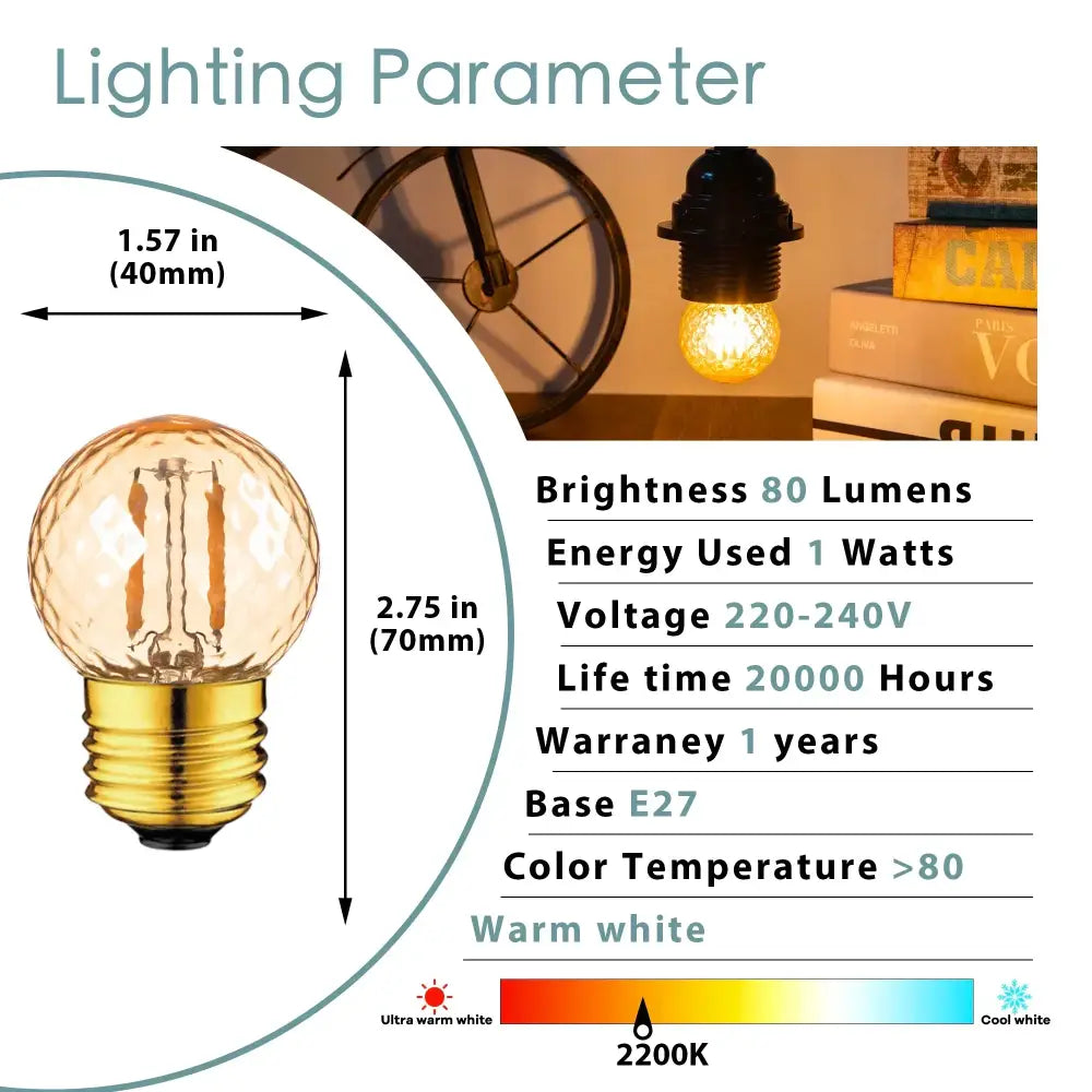 Vintage clear and amber g40 globe led filament bulb with warm white light and gold base for decorbites g40 globe lighting