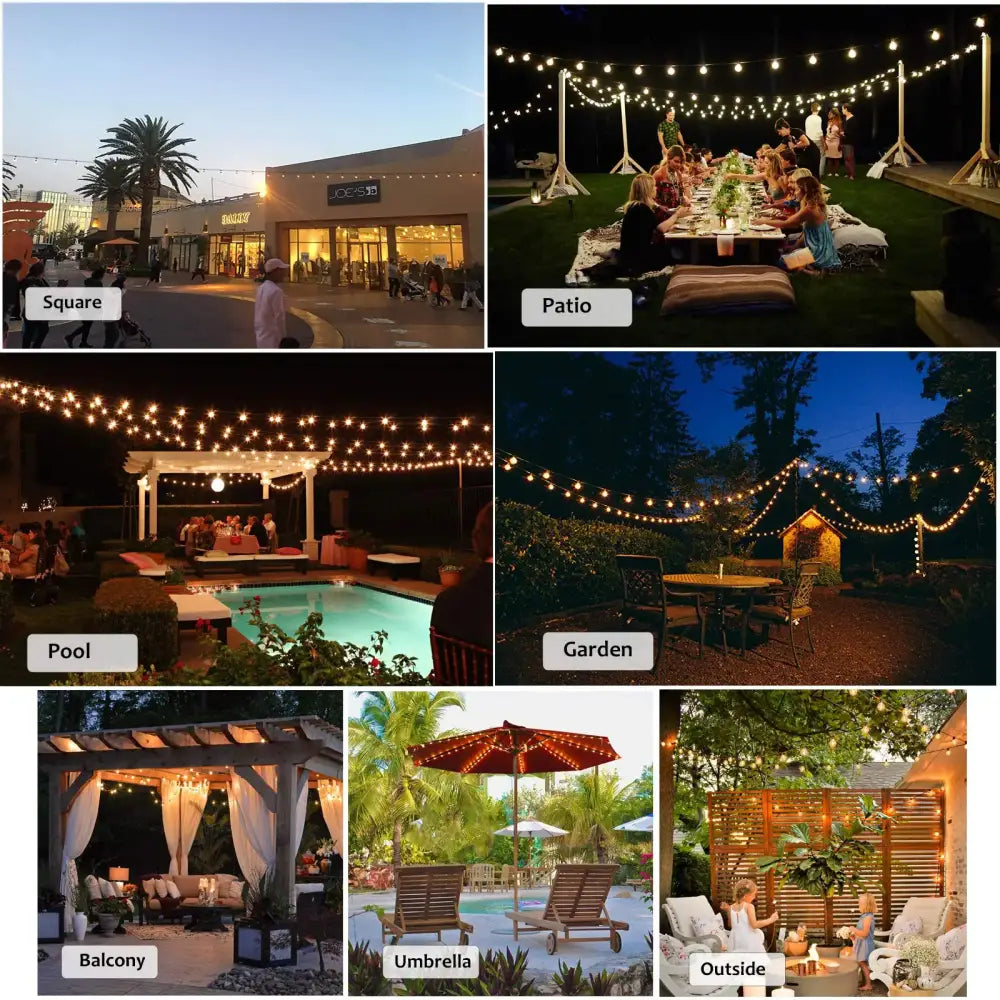 Warm string lights with vintage clear and amber decorbites g40 globe led filament bulbs illuminate outdoor spaces