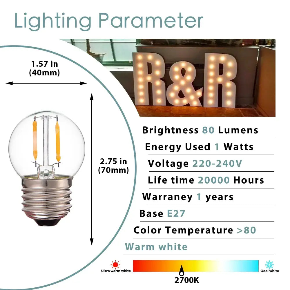 Warm white 1-watt decorbites g40 globe led filament bulb with clear glass globe and e27 screw base for bedroom light