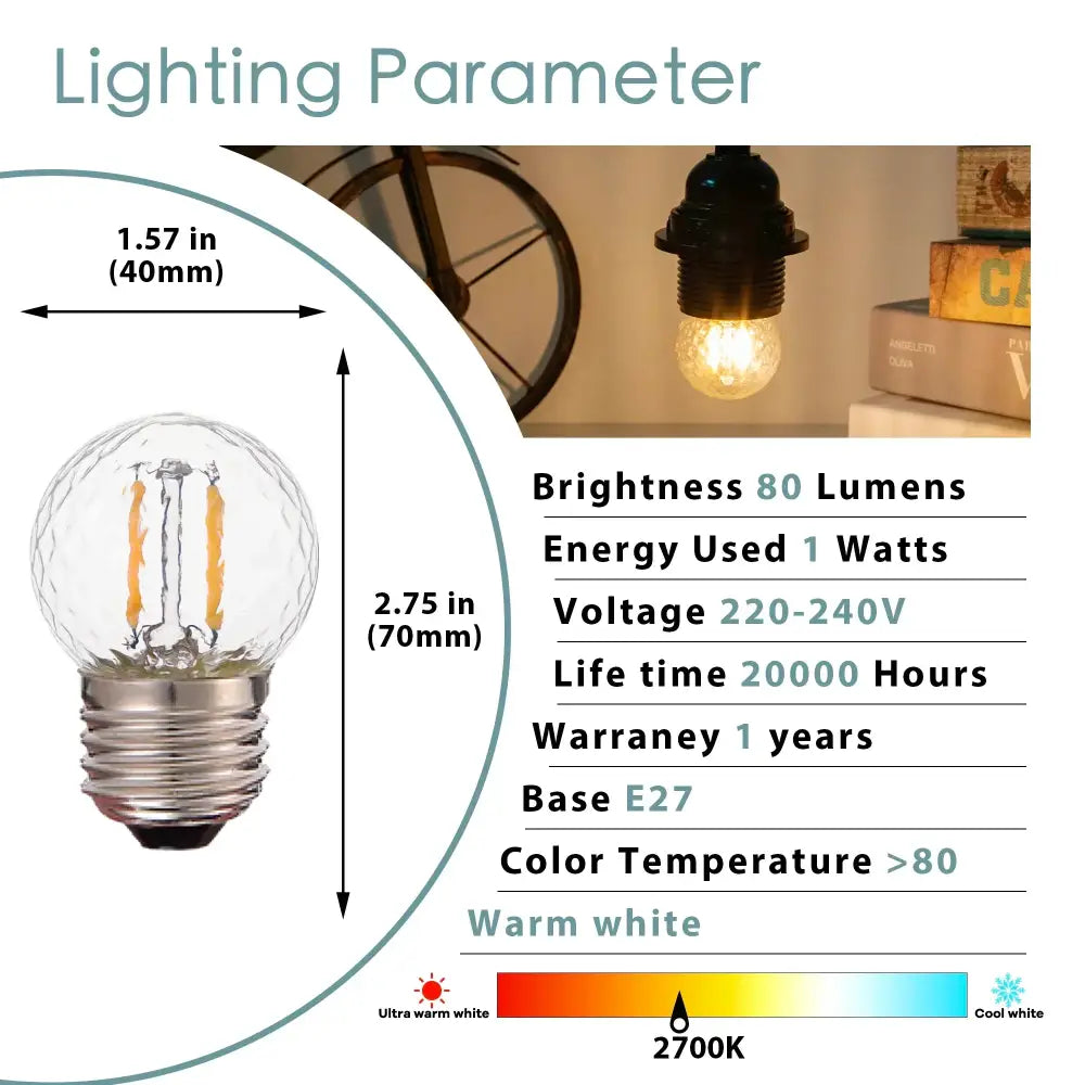 Warm white 1-watt decorbites g40 globe led filament bulb with clear glass globe and e27 screw base for bedroom light