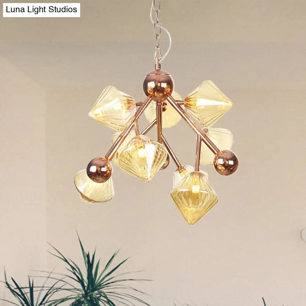 Vintage Clear/Amber Prism Glass Chandelier - 9-Light Ribbed Hanging Pendant for Dining Room