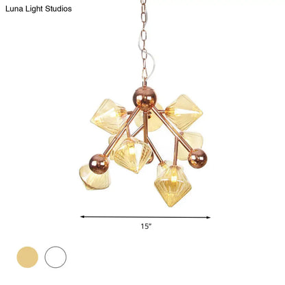 Vintage Clear/Amber Prism Glass Chandelier - 9-Light Ribbed Hanging Pendant for Dining Room