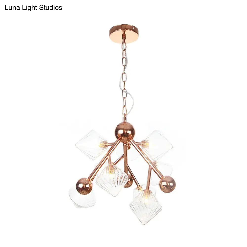 Vintage Clear/Amber Prism Glass Chandelier - 9-Light Ribbed Hanging Pendant for Dining Room