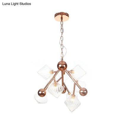 Vintage Clear/Amber Prism Glass Chandelier - 9-Light Ribbed Hanging Pendant for Dining Room