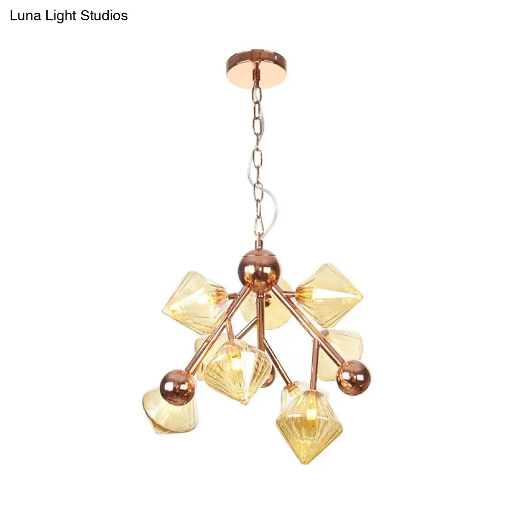 Vintage Clear/Amber Prism Glass Chandelier - 9-Light Ribbed Hanging Pendant for Dining Room