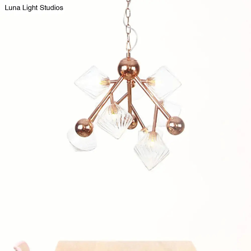 Vintage Clear/Amber Prism Glass Chandelier - 9-Light Ribbed Hanging Pendant for Dining Room