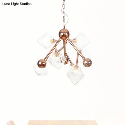 Vintage Clear/Amber Prism Glass Chandelier - 9-Light Ribbed Hanging Pendant for Dining Room