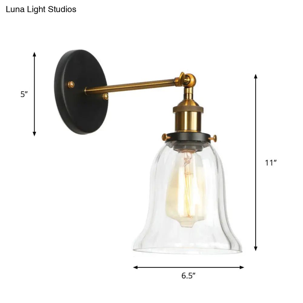 Vintage Clear Glass Bedside Wall Lamp- 1 Bulb Black-Brass Wall Light with Pivot Joint