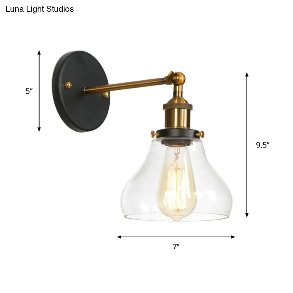 Vintage Clear Glass Bedside Wall Lamp- 1 Bulb Black-Brass Wall Light with Pivot Joint