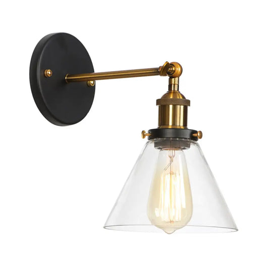 Vintage Clear Glass Bedside Wall Lamp- 1 Bulb Black-Brass Wall Light with Pivot Joint