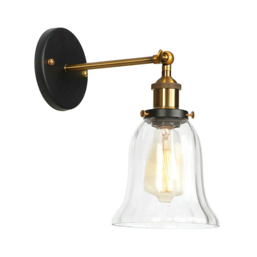 Vintage Clear Glass Bedside Wall Lamp- 1 Bulb Black-Brass Wall Light with Pivot Joint
