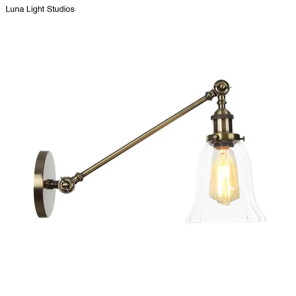 Vintage Clear Glass Bell Sconce with Arm - Black/Bronze/Brass 1-Light Wall Lighting Fixture, 8"/12" Long