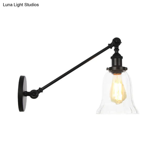 Vintage Clear Glass Bell Sconce with Arm - Black/Bronze/Brass 1-Light Wall Lighting Fixture, 8"/12" Long