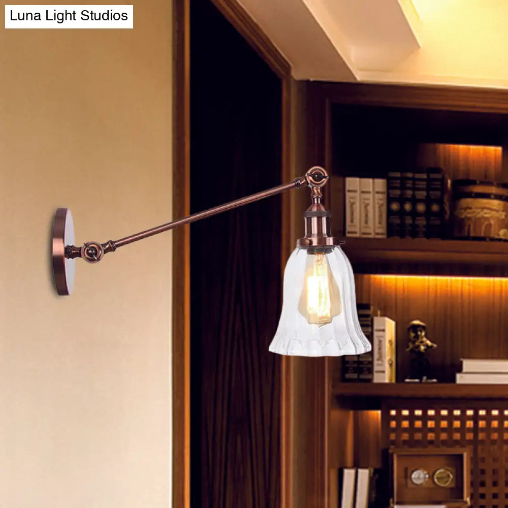 Vintage Clear Glass Bell Sconce with Arm - Black/Bronze/Brass 1-Light Wall Lighting Fixture, 8"/12" Long