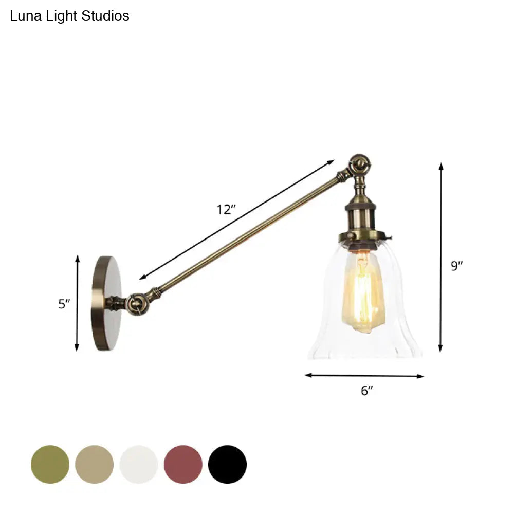 Vintage Clear Glass Bell Sconce with Arm - Black/Bronze/Brass 1-Light Wall Lighting Fixture, 8"/12" Long