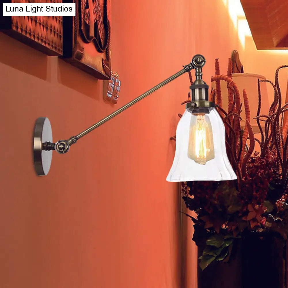 Vintage Clear Glass Bell Sconce with Arm - Black/Bronze/Brass 1-Light Wall Lighting Fixture, 8"/12" Long