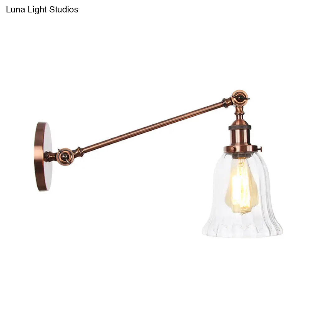 Vintage Clear Glass Bell Sconce with Arm - Black/Bronze/Brass 1-Light Wall Lighting Fixture, 8"/12" Long