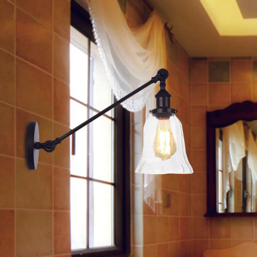 Vintage Clear Glass Bell Sconce with Arm - Black/Bronze/Brass 1-Light Wall Lighting Fixture, 8"/12" Long