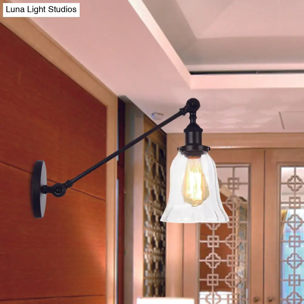 Vintage Clear Glass Bell Sconce with Arm - Black/Bronze/Brass 1-Light Wall Lighting Fixture, 8"/12" Long