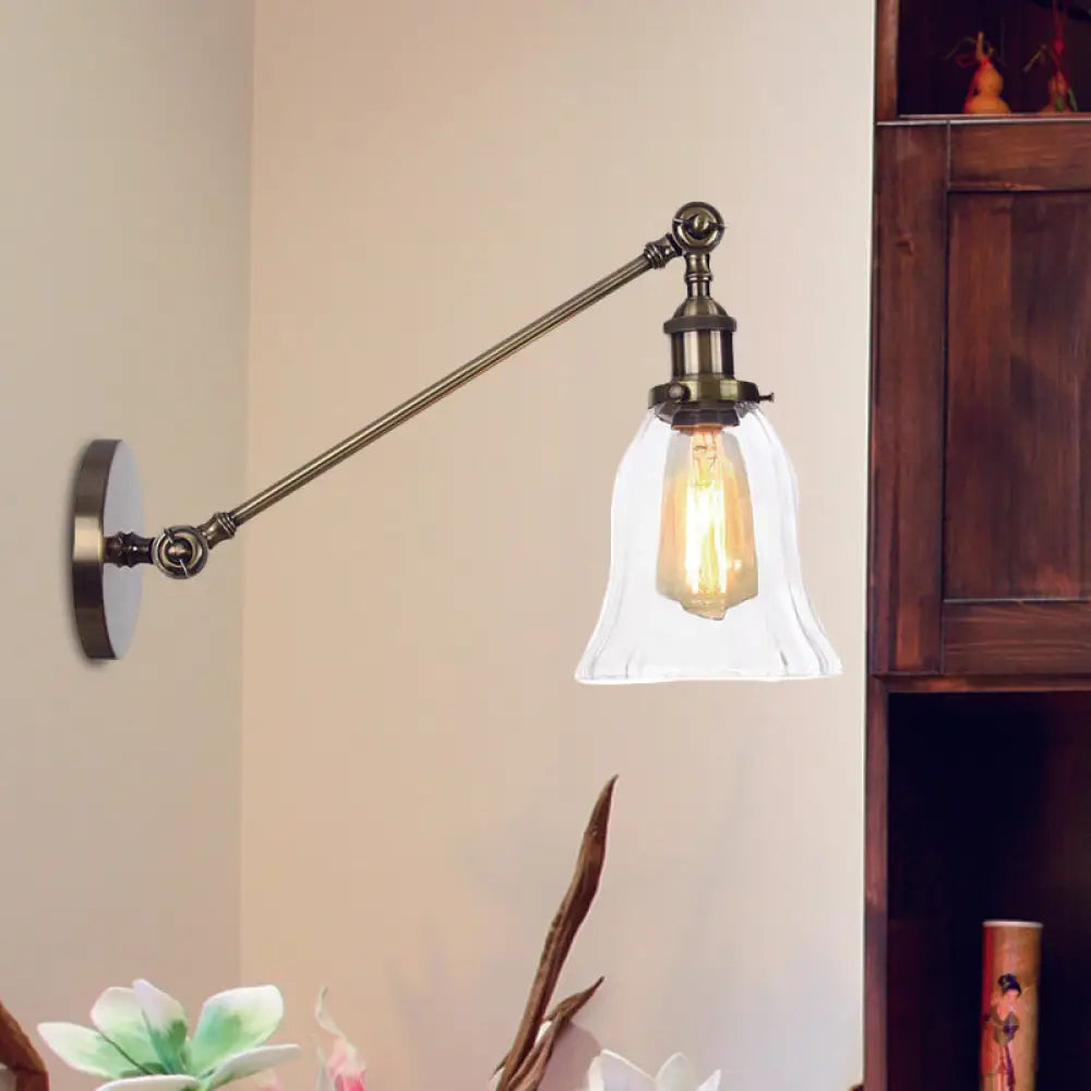 Vintage Clear Glass Bell Sconce with Arm - Black/Bronze/Brass 1-Light Wall Lighting Fixture, 8"/12" Long