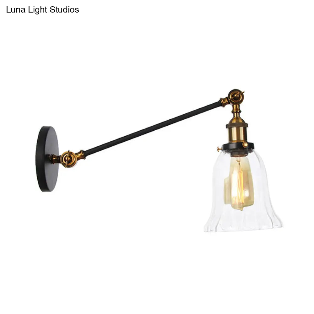 Vintage Clear Glass Bell Sconce with Arm - Black/Bronze/Brass 1-Light Wall Lighting Fixture, 8"/12" Long