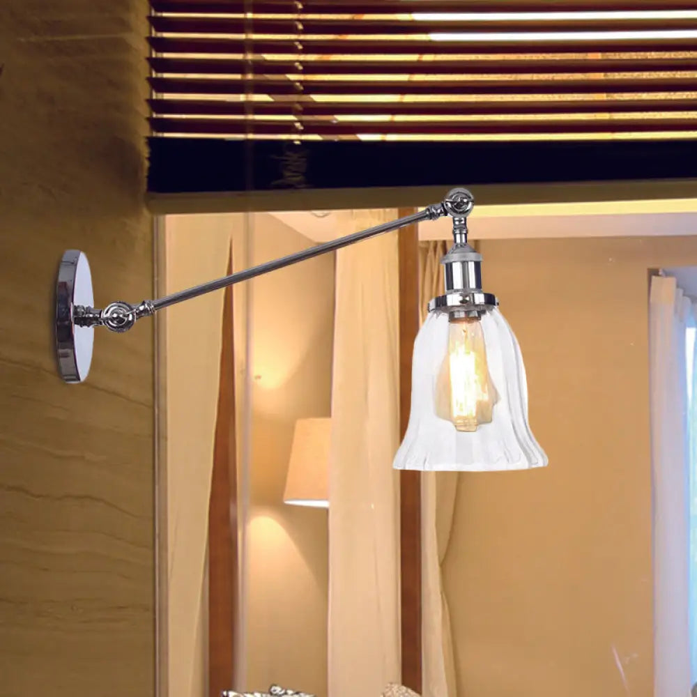 Vintage Clear Glass Bell Sconce with Arm - Black/Bronze/Brass 1-Light Wall Lighting Fixture, 8"/12" Long