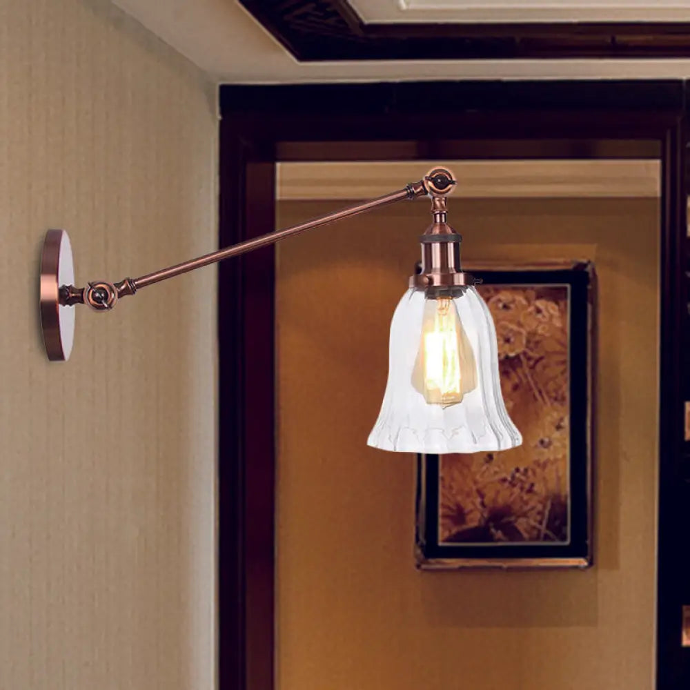 Vintage Clear Glass Bell Sconce with Arm - Black/Bronze/Brass 1-Light Wall Lighting Fixture, 8"/12" Long