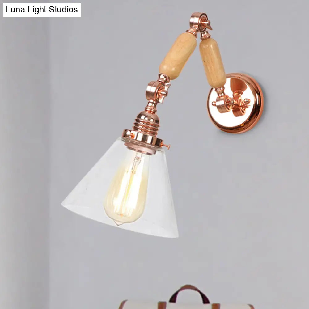 Vintage Clear Glass Cone Shade Sconce Light Fixture, Wood Wall Lamp with Long Arm - 1 Light