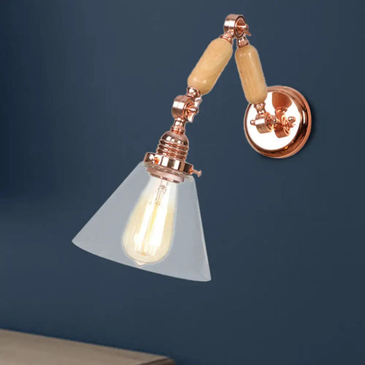 Vintage Clear Glass Cone Shade Sconce Light Fixture, Wood Wall Lamp with Long Arm - 1 Light