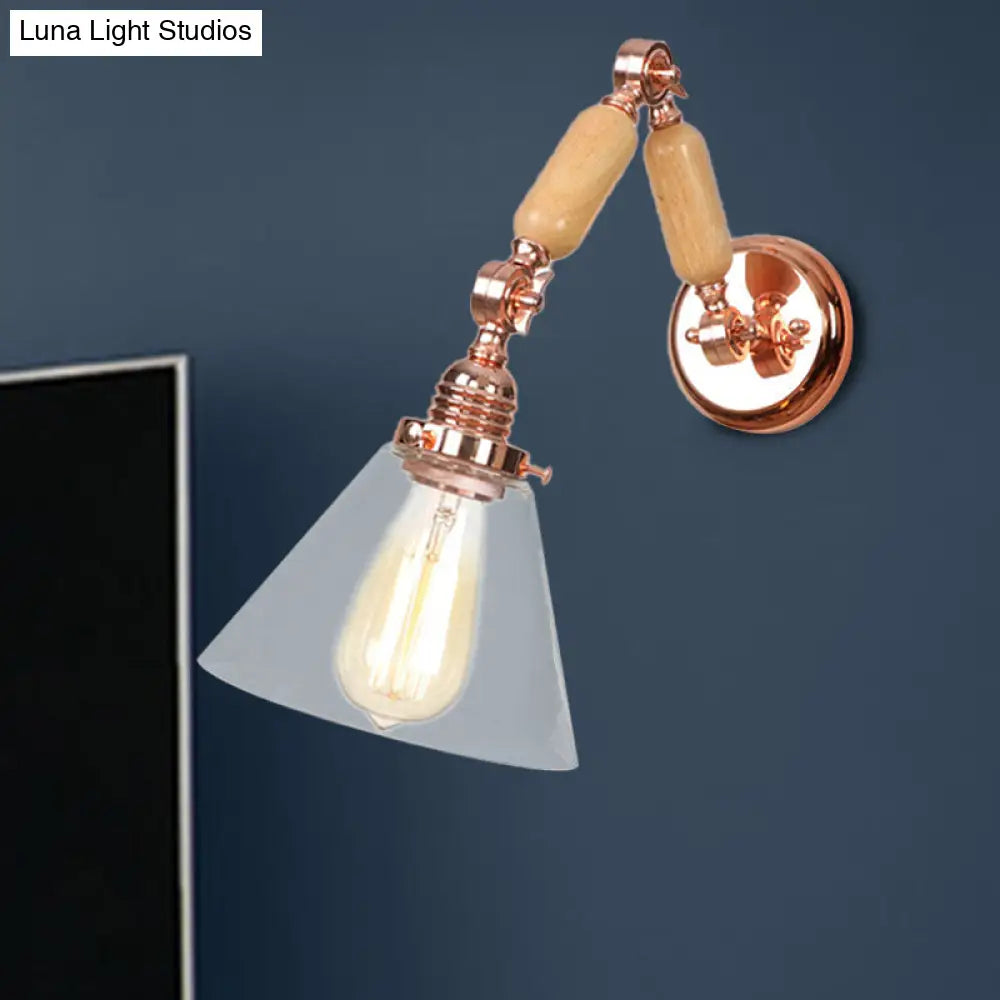 Vintage Clear Glass Cone Shade Sconce Light Fixture, Wood Wall Lamp with Long Arm - 1 Light