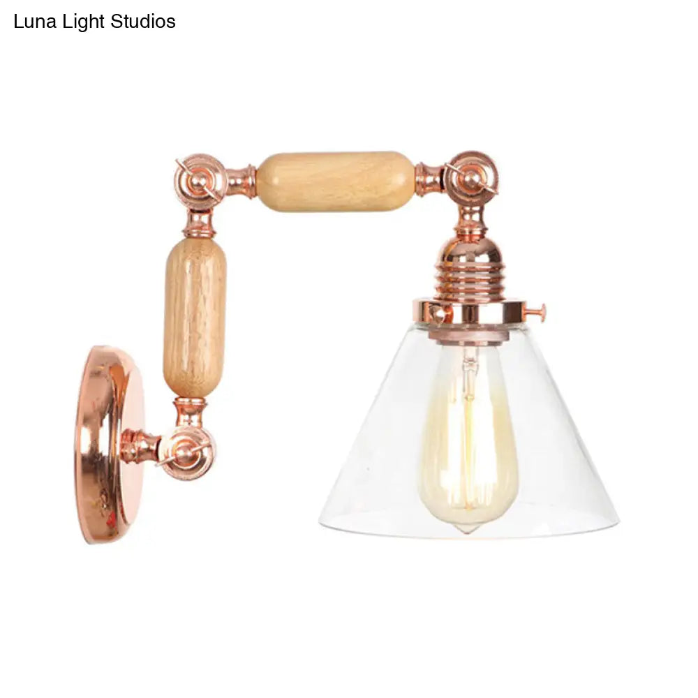 Vintage Clear Glass Cone Shade Sconce Light Fixture, Wood Wall Lamp with Long Arm - 1 Light