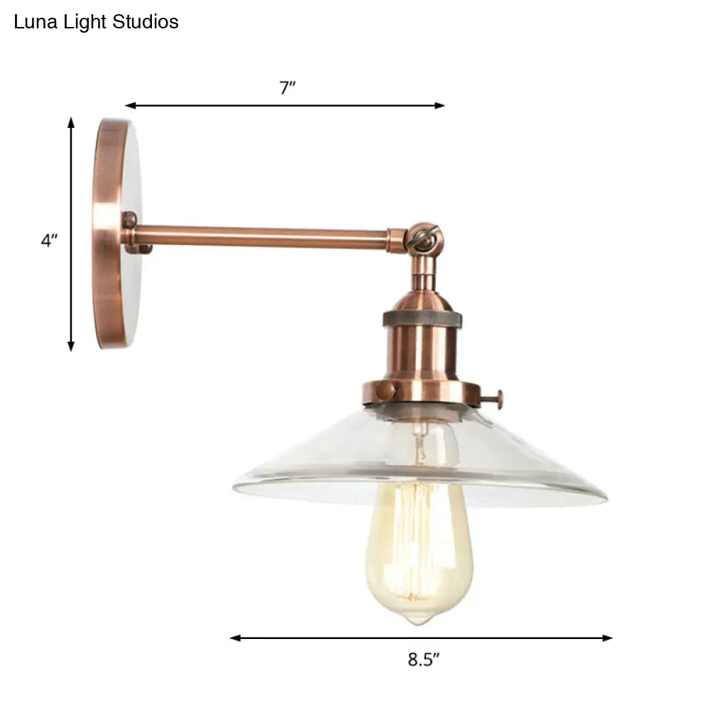 Vintage Clear Glass Conical Bedroom Wall Light with Copper Sconce Lamp