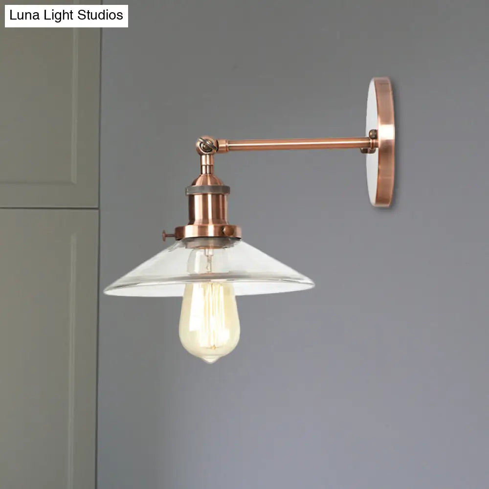 Vintage Clear Glass Conical Bedroom Wall Light with Copper Sconce Lamp