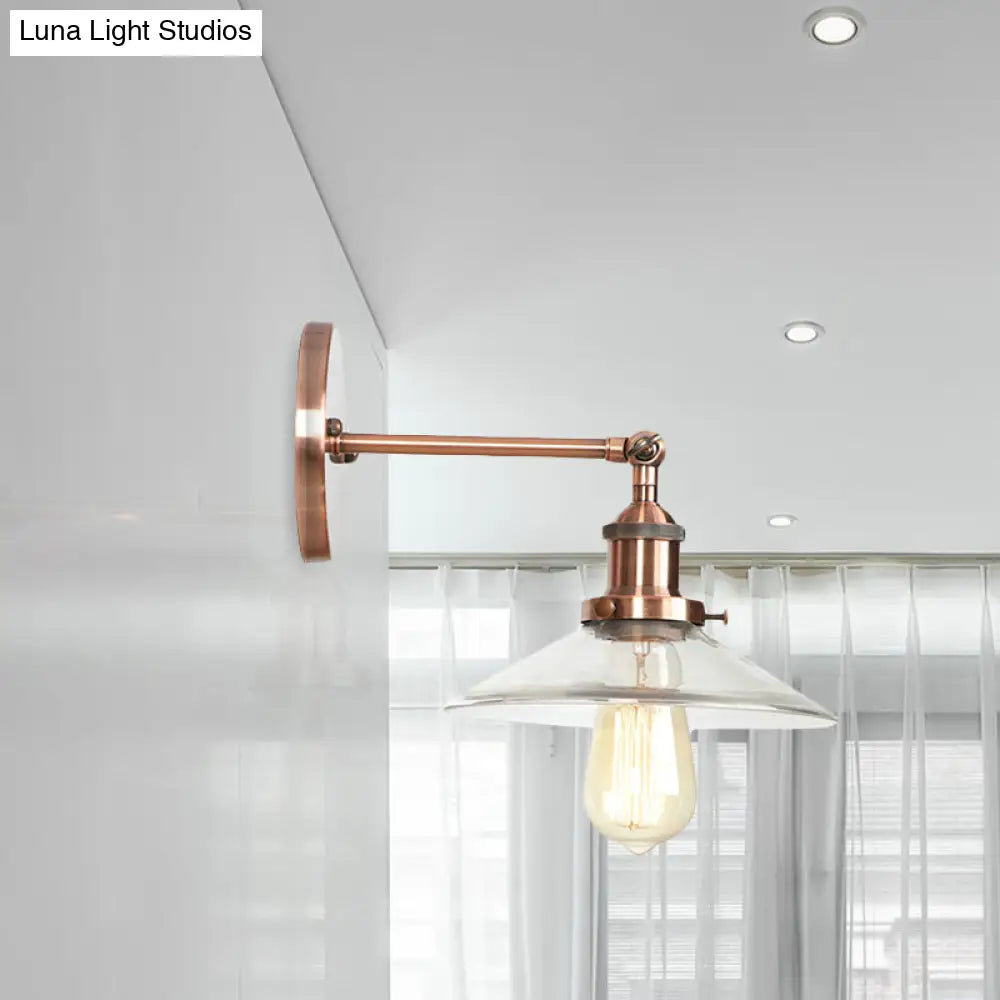 Vintage Clear Glass Conical Bedroom Wall Light with Copper Sconce Lamp