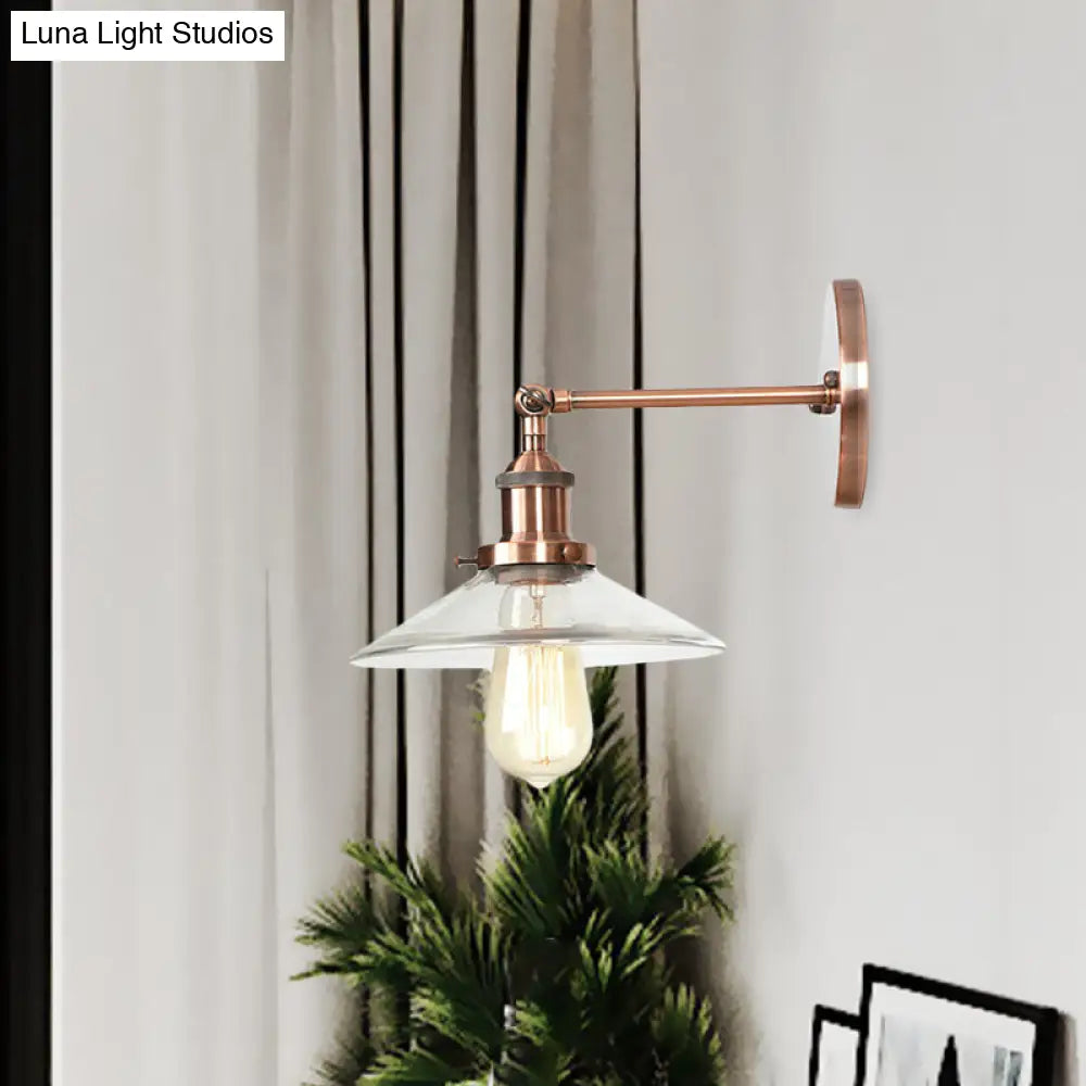 Vintage Clear Glass Conical Bedroom Wall Light with Copper Sconce Lamp
