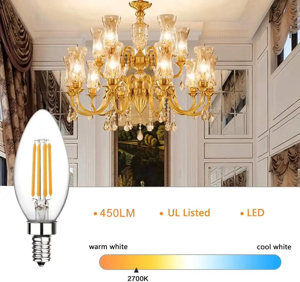 Vintage clear glass led candle bulb with warm white filament leds and e12 base for dining room 12 pack