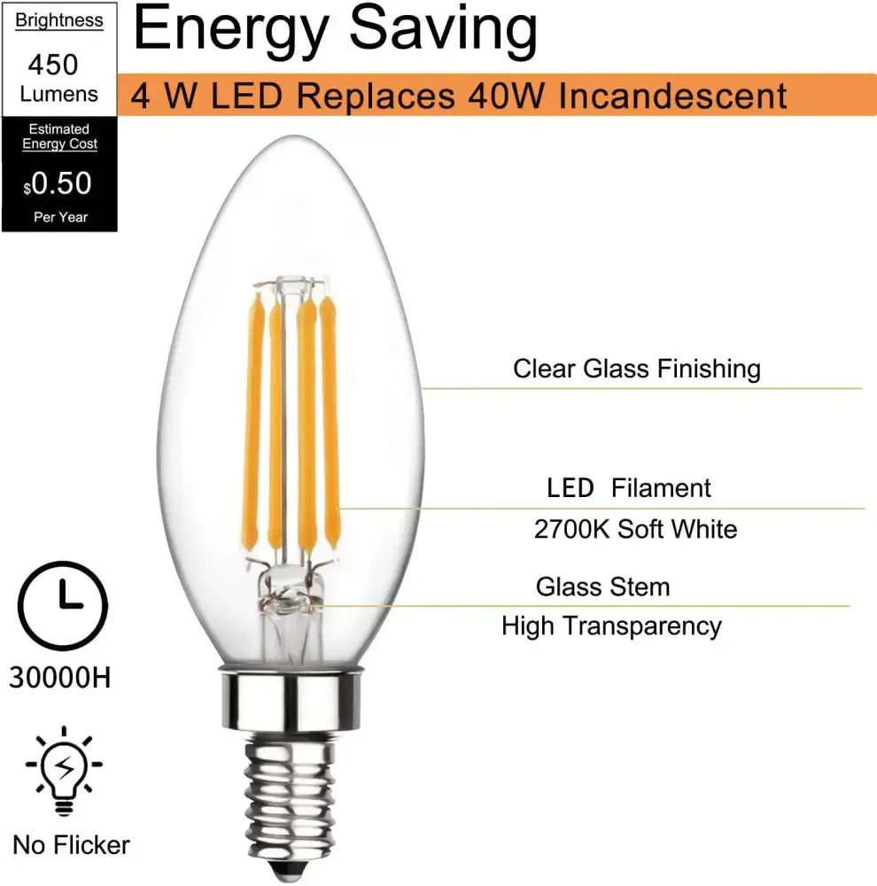 Vintage clear glass led candle bulb with three warm yellow filament rods and chrome screw base for dining room use