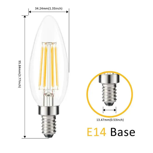Vintage clear glass led candle bulb with metallic e14 base and filament design for dining room lighting 12 pack