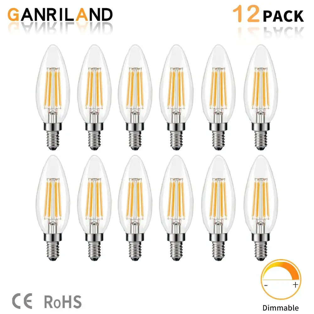 Vintage clear glass led candle bulb 12 pack with warm yellow filament and silver metal base for dining room use