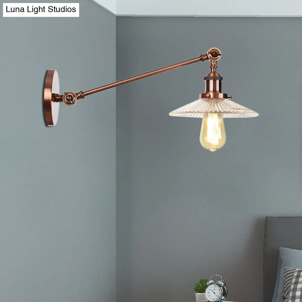 Vintage Clear Glass Ribbed Wall Lamp Saucer - Bronze/Brass/Copper Finish - 1 Light Fixture, 8"/12" L Arm