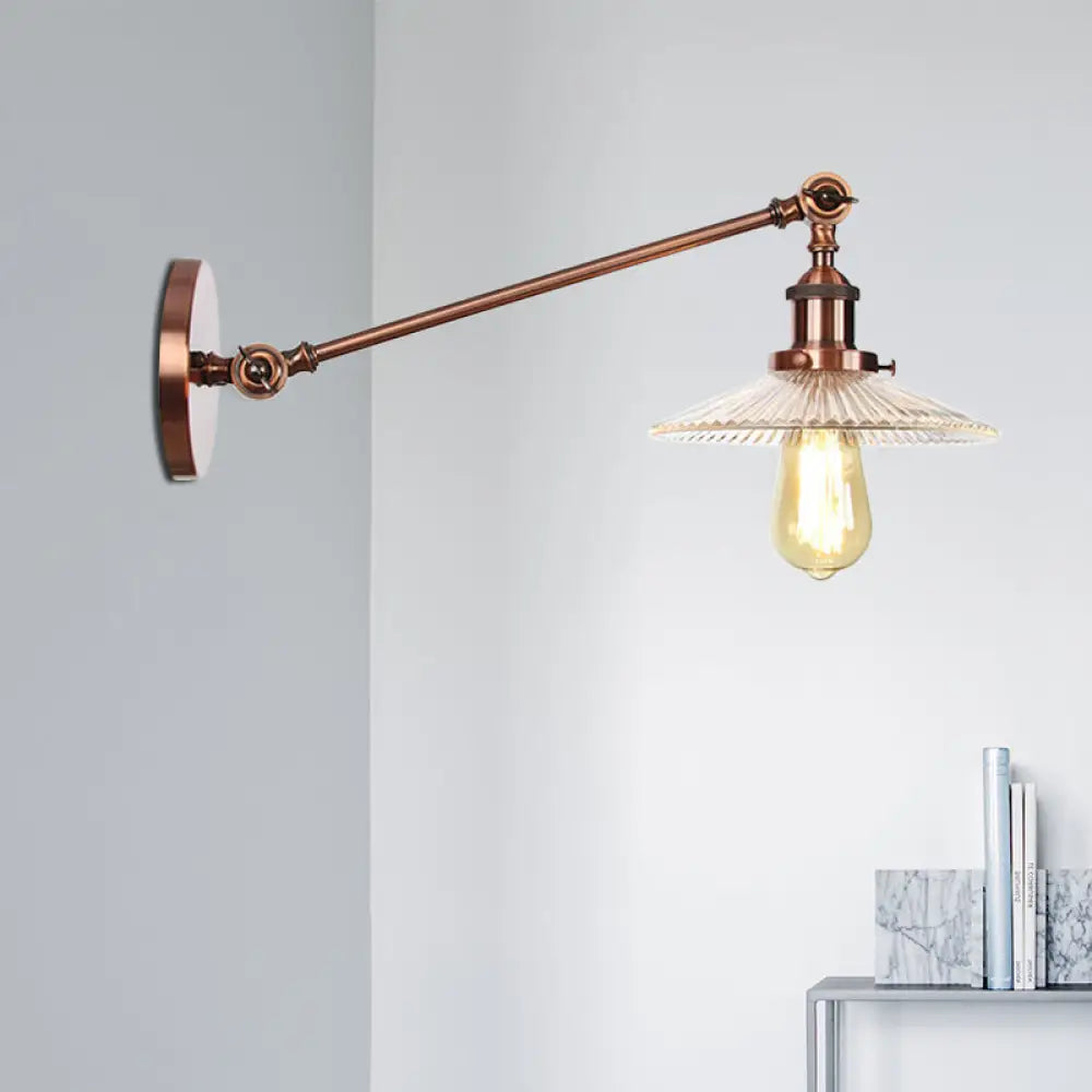 Vintage Clear Glass Ribbed Wall Lamp Saucer - Bronze/Brass/Copper Finish - 1 Light Fixture, 8"/12" L Arm