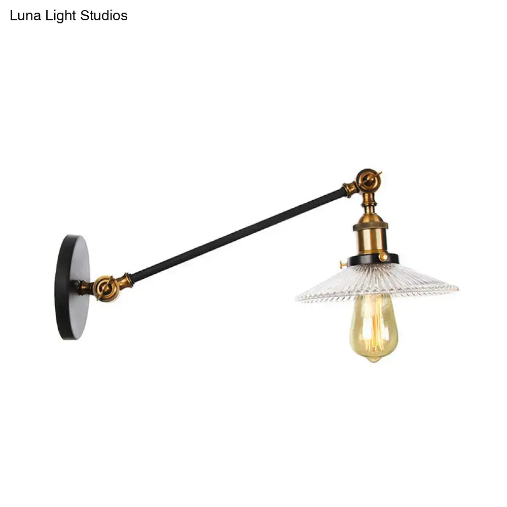 Vintage Clear Glass Ribbed Wall Lamp Saucer - Bronze/Brass/Copper Finish - 1 Light Fixture, 8"/12" L Arm