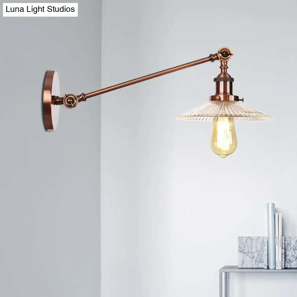 Vintage Clear Glass Ribbed Wall Lamp Saucer - Bronze/Brass/Copper Finish - 1 Light Fixture, 8"/12" L Arm