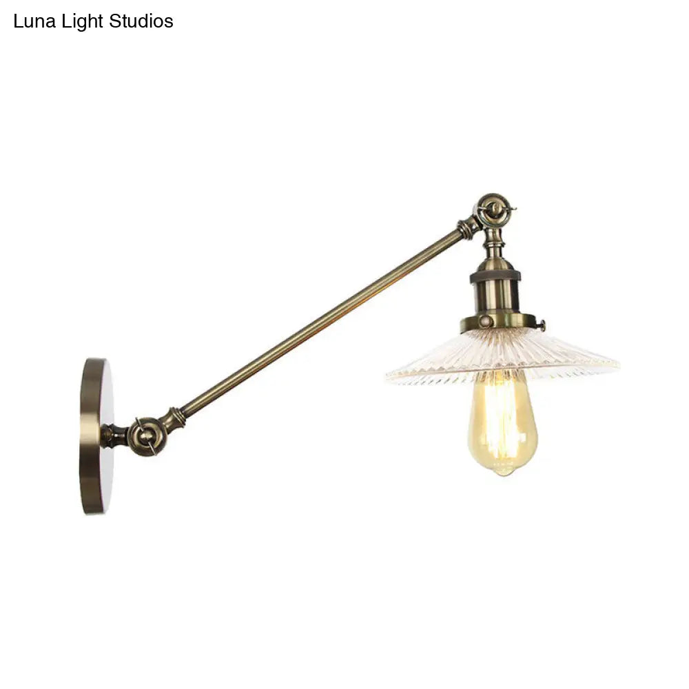 Vintage Clear Glass Ribbed Wall Lamp Saucer - Bronze/Brass/Copper Finish - 1 Light Fixture, 8"/12" L Arm
